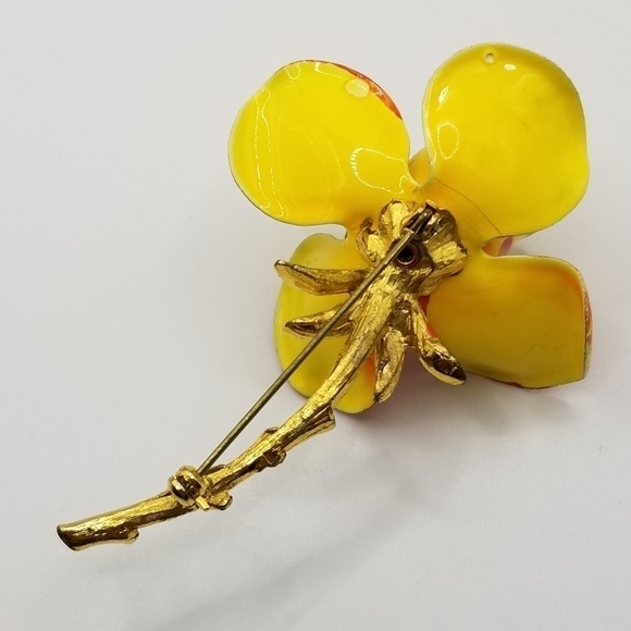 Vintage Enamel Flower Gold Tone Stem Brooch Pin Orange Yellow Large High Gloss - Picture 7 of 12